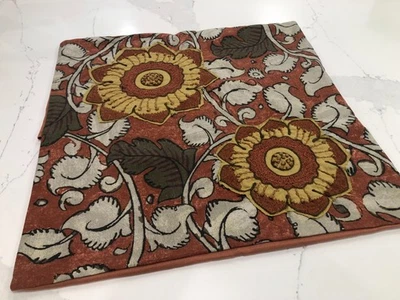 Pottery Barn Pillow Cover Burnt Rust Orange 20x20 Tan Mustard Crewel Flowers - Image 1 of 4