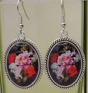 Vintage Style Pierced Earrings, Glass, Floral, Black, Pink, White, 1" - Picture 1 of 2