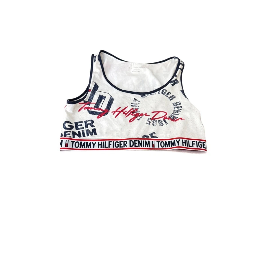 Blusa jeans Tommy Hilfiger branca vermelha logotipo sem mangas GG feminina - Imagem 1 de 4