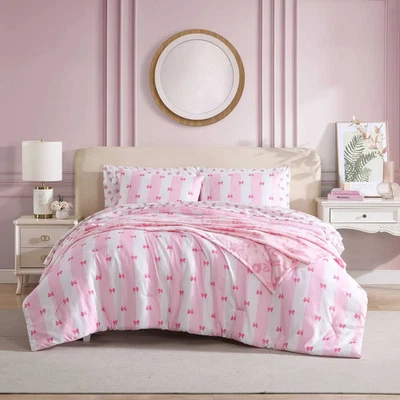Betseyville Twin Bow Striped Bed Set Bright Pink