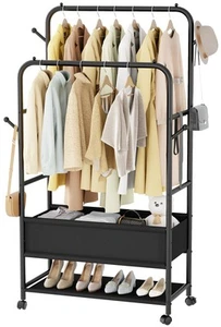 Double Rods Clothing Garment Rack with Wheels and Storage Box, Clothing Rack ... - Picture 1 of 8