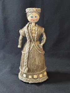 VTG Eastern European Folk Art Belarussian 10" Wooden Flax Horsehair Doll Ukraine - Picture 1 of 7