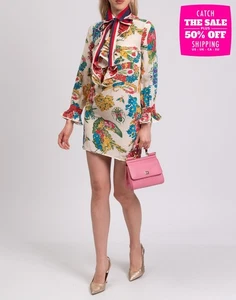 RRP€2980 GUCCI Silk Shift Dress IT38 US2 UK6 XS Web Stripe Floral Made in Italy - Picture 1 of 9