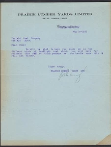 Canada Letterhead. Prairie Lumber Yards, Ltd. Winnipeg - Picture 1 of 1