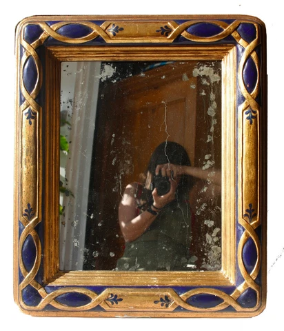 Vintage Persian-style Blue & Gold Framed Wall-Hanging Oxidized Mirror Cover