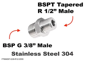 BSP G 3/8" Male to BSPT Tapered R 1/2" Male Stainless Sensor Adaptor Fittings - Picture 1 of 4
