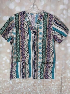 Barco Women's Vintage Medical Scrub Shirt Teal Purple/Tan Size Small - Picture 1 of 9