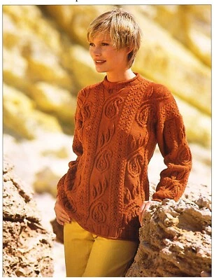 Women Paisley Pattern & Leaf Aran Style copy Long Sweater Knitting Pattern 8 ply - image 1 of 2