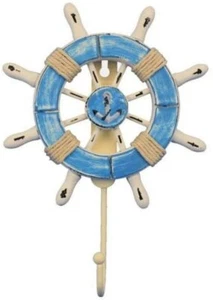 Rustic Decorative Light Blue 6 Inch Ship Wheel with Anchor and Hook - Picture 1 of 1