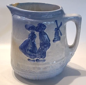 Vintage Old Blue and White Stoneware Pitcher with Windmill Kissing Dutch Couple - Picture 1 of 9