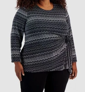 Kasper Women's Black Chevron Stripe Side-Tie Long Sleeve Blouse Plus Size 2X - Picture 1 of 3