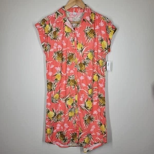 NWT Old Navy Coral Pineapple Button Up Linen Rayon Dress Small Cap Sleeves - Picture 1 of 7