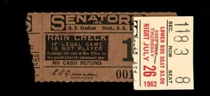 26 de julio de 1962 Washington Senators @ Chicago White Sox Talón de boleto #2 - Imagen 1 de 1