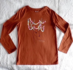CAT & JACK BURNT ORANGE CHRISTMAS REINDEER T-SHIRT  Girl's Size L (10-12) - Picture 1 of 6