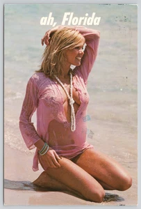 Postcard Dirty Blonde Bathing Beauty Beach Babe in Wet Sheer Pink Shirt Florida - Picture 1 of 2