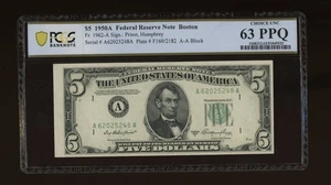 DBR 1950-A $5 FRN Boston Fr. 1962-A PCGS-B 63 PPQ Serial A62025248A - Picture 1 of 2