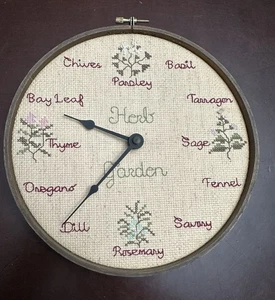 Cross Stitch Clock Herb Garden 8-1/2" Tested Basil Sage Bay Leaf Dill Oregano ￼ - Picture 1 of 3