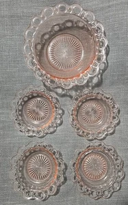 Juego de 5 cuencos de bayas de vidrio de la depresión rosa borde de encaje Old Colony Hocking - Imagen 1 de 7