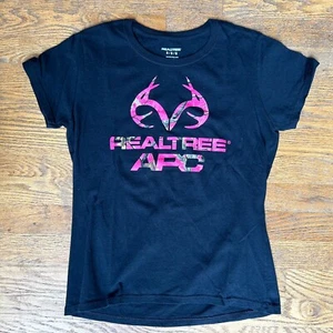 Real Tree T Shirt Pink Camo Logo Black Graphic T Shirt Womens Size Medium - Picture 1 of 7