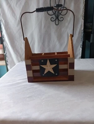 Red White & Blue Wooden Organizer, Tote, Picnic Container Plates Utensils 4th Of - Image 1 of 4