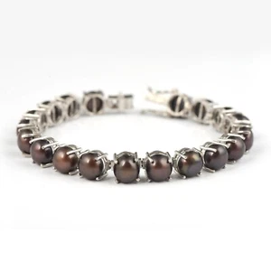 Bracciale tennis argento sterling 925 tondo perle nere naturali pietre preziose 7" pollici - Foto 1 di 4