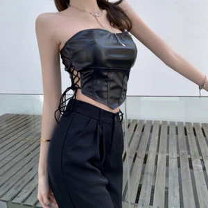Lady Sexy Faux Leather Boob Tube Bandeau Side Lace Up Tops Bustier Corset Retro - Picture 1 of 14