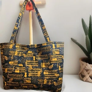 Black & Golden Yellow Quilted Tote Musical Notes Themed Pockets Double Handles - Picture 1 of 3