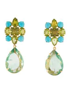 Bounkit Earrings 22k Gold Plated Turquoise Peridot Blue Green Dangles Clip - Picture 1 of 14