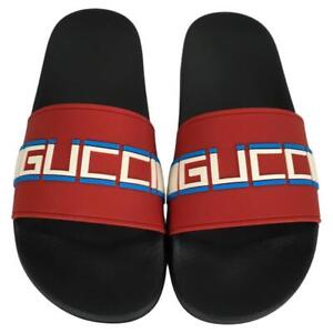 Gucci Men's Signature Print Logo Stripe Rubber Slide Sandals Multicolor Size 7