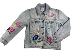 GB Girls Embroidered Denim Jacket Size M Light Wash Cotton Colorful Florals EUC - Picture 1 of 12