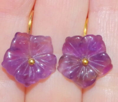 PENDIENTES FLORES TALLADAS AMATISTA RELLENOS ORO 14K HECHOS A MANO  Foto 1 de 4