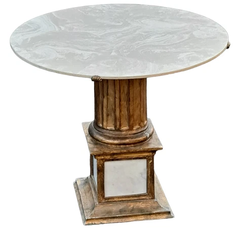 Palladio Antique Italian Side Table Round Faux Marble Top Gilt Metal Column 30s Cover