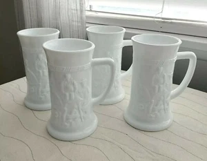 Vintage Menge 4 Milchglas weiß geprägtes Design Stein Urlaub Dekor Tassen - Bild 1 von 10