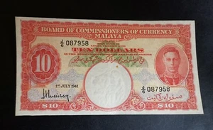 VF+ 10 dollars 1941 BRITISH MALAYA England Borneo Malaysia Singapore Straits - Picture 1 of 10
