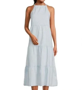 $148 Cloth & Stone Stone Blue Cotton Linen Maxi Dress sz S Tiered Halter Neck - Picture 1 of 7