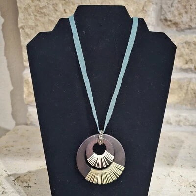 Lucky Brand Necklace Western Wooden Circles Leather Cord Boho Lightweight - Image 1 of 4