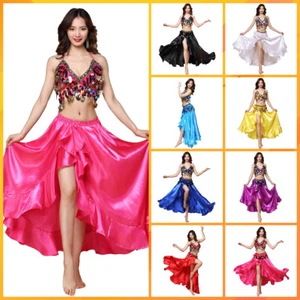 Belly Dance Costume Bra Top+Belt Hip Scarf+Satin Split Skirt Halloween Outfit - Picture 1 of 52
