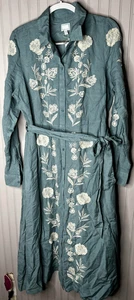 Vestido Society Social X Crown & Ivy para mujer XL bordado verde azulado marfil lino $129 NUEVO - Imagen 1 de 18