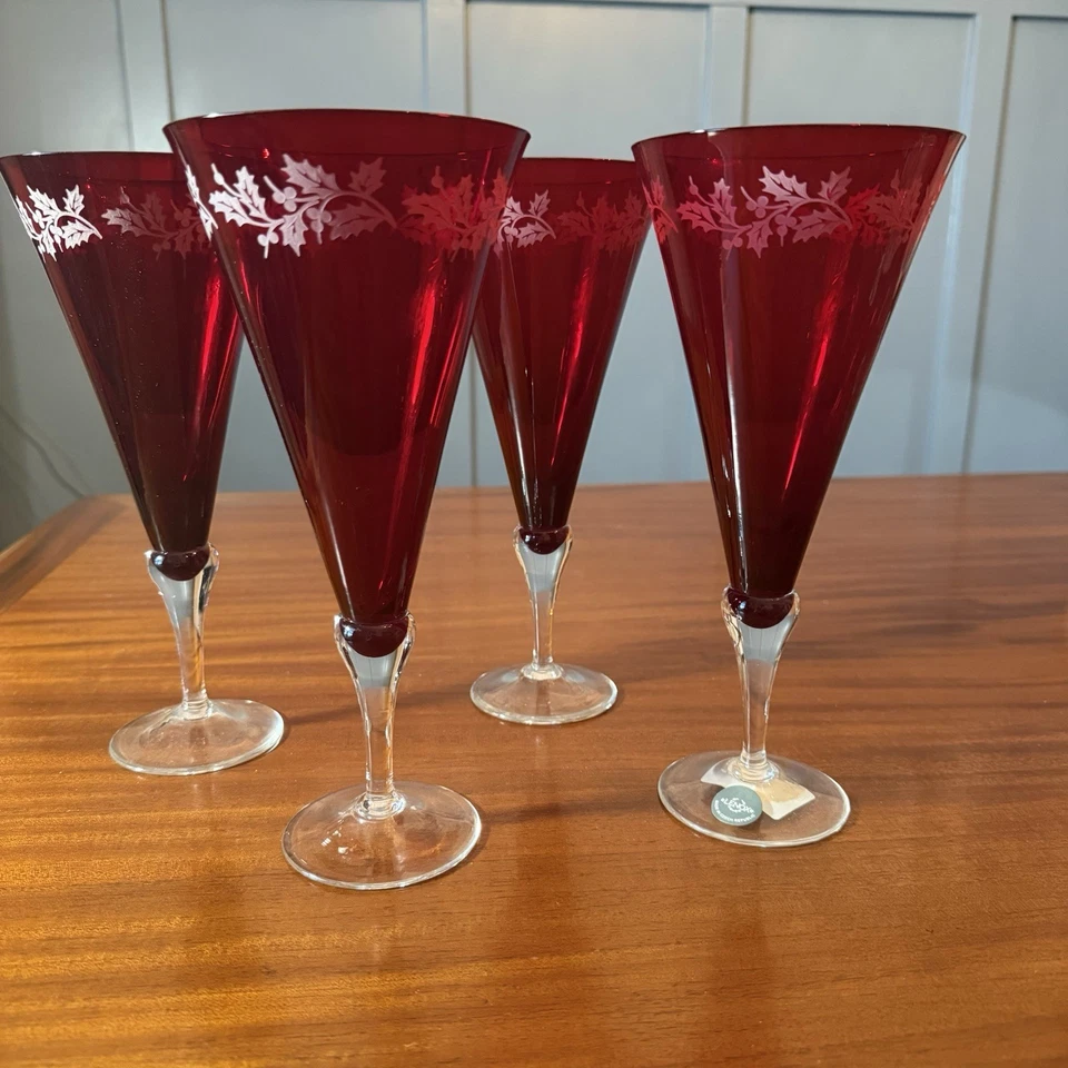 Lenox Ruby Red Etched Holiday Gems Water Glasses 9 3/8" Set of 4 Discontinued - Image 1 of 4