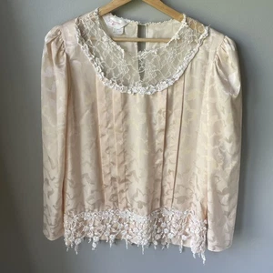 Vintage JCPENNY Womens Shirt Size 11/12 Cream Long Sleeve Tassel Lace Floral - Picture 1 of 11