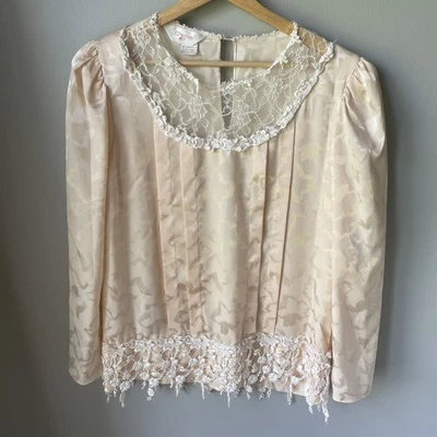 Vintage JCPENNY Womens Shirt Size 11/12 Cream Long Sleeve Tassel Lace Floral - Image 1 of 4