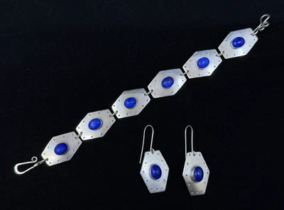 Vintage Modernist Sterling Silver & Lapis Lazuli Bracelet & Earrings Set Signed - Bild 1 von 4