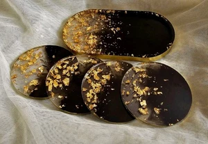 Handmade Resin 4 Round Coaster Set With Tray Holder Black Gold Perfect Gift - Picture 1 of 5