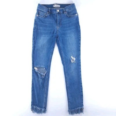 Free People Mid Rise Skinny Jeans 27 Blue Distressed Destroyed Raw Hem - Image 1 of 4