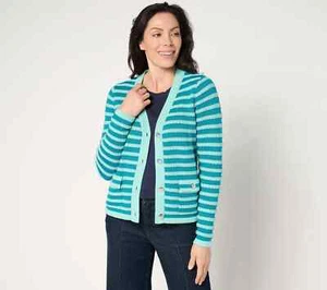 Isaac Mizrahi Live! Striped Button-Front Sweater Cardigan-Ocean Aqua-XXS A676084 - Picture 1 of 2