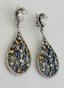 VICTORIAN DESIGNER STERLING SILVER TANZANITE CHALCEDONY TEARDROP DANGLE EARRINGS - Picture 1 of 17