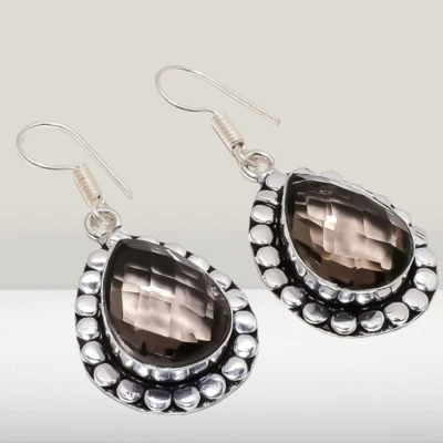 Natural Smokey Quartz Gemstone 925 Sterling Silver Earring 1.8" s847 - Imagem 1 de 4