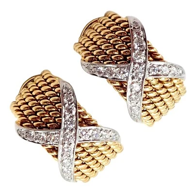 Tiffany & Co Schlumberger 18k Yellow Gold Platinum Diamond 6 Row Rope X Earrings - Image 1 of 4