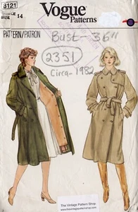 1982 Vintage VOGUE Sewing Pattern Coat & Detachable Lining B36 (2351) Vogue 8121 - Picture 1 of 3