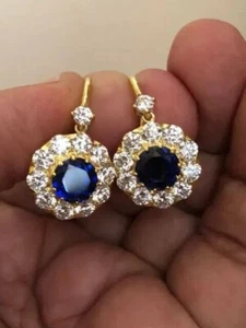 2.30Ct Round Cut Lab Created Sapphire Women's Earrings 14K Yellow Gold Plated - Picture 1 of 4
